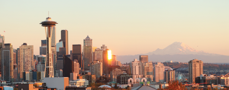 Sunset view of the Seattle skyline from Kerry Park, in Seattle, Washington.